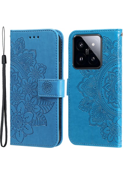 Xiaomi 14 Pro Vaka Koruyucu Cüzdan Telefon Kılıfı Pu Deri Deri Flip Cover-Blue (Yurt Dışından)