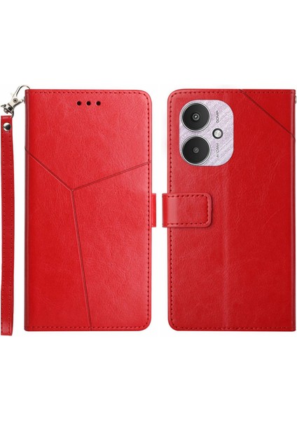 Xiaomi Redmi Için 13C 4g/5g/poco C65 4g Deri Kılıf Y Şeklinde Çizgi Baskı-Kırmızı (Yurt Dışından)