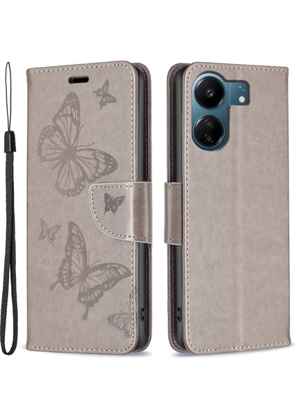Xiaomi Redmi 13C 4g/poco C65 4g Case Kelebek Basılı Pu Deri Cüzdan Telefon Kapak-Grey (Yurt Dışından)