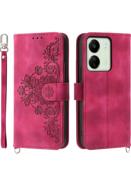 Xiaomi Redmi Için 13C 4g/poco C65 4g Case Cilt Dokunmatik Çiçek Baskılı Telefon Cüzdan Kapak Kırmızısı (Yurt Dışından)