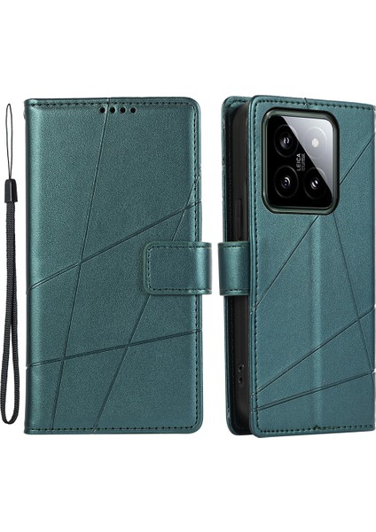 Xiaomi 14 Pro Kasa Baskılı Çizgiler Pu Deri Cüzdan Kapak Yeşili (Yurt Dışından)