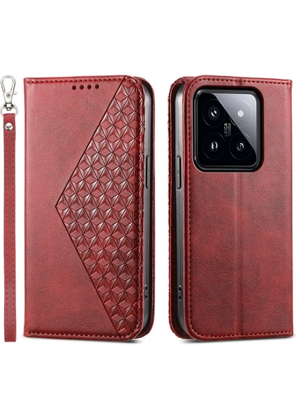 Xiaomi 14 Pro Pu Pu Deri Mago Auto Kapanış Cüzdan Telefon Kapak-Kırmızı (Yurt Dışından)