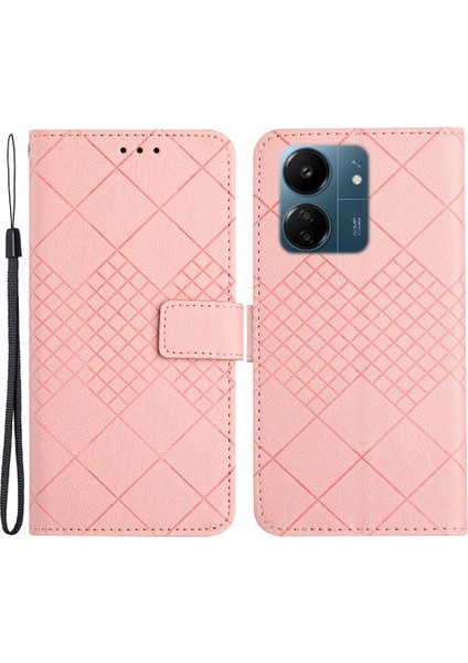 Xiaomi Redmi Için 13C 4g/poco C65 4g Case Pu Pu Deri Deriye Dirençli Rhombus Desen Stand Telefon Koruyucu-Pembe (Yurt Dışından)