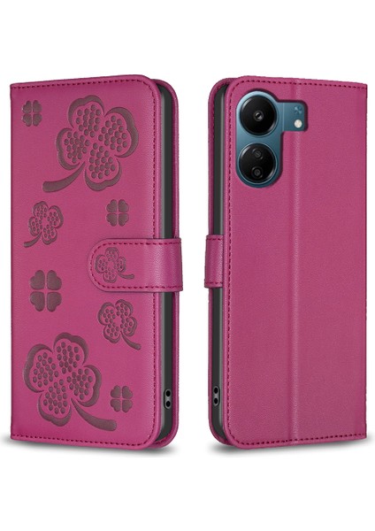 Xiaomi Redmi Için 13C 4g/poco C65 4g Deri Telefon Kılıfı Yonca Deseni Stand Manyetik Kapak Kapak-Rose (Yurt Dışından)