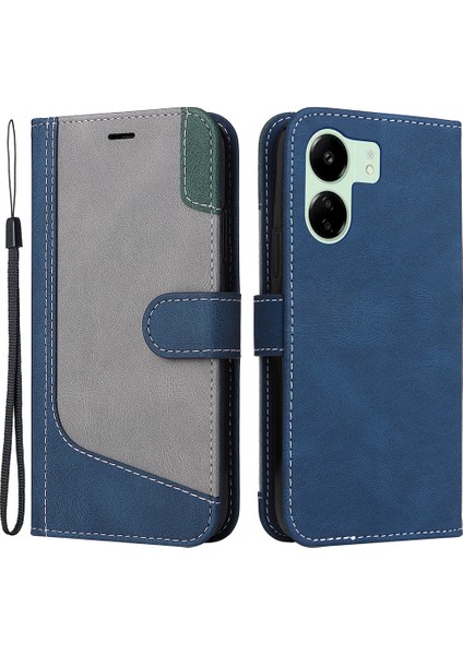 Xiaomi Redmi Için 13C 4g/poco C65 4g Telefon Kılıfı Pu Pu Deri Üç Renkli Ekleme Flip Cover-Blue (Yurt Dışından)