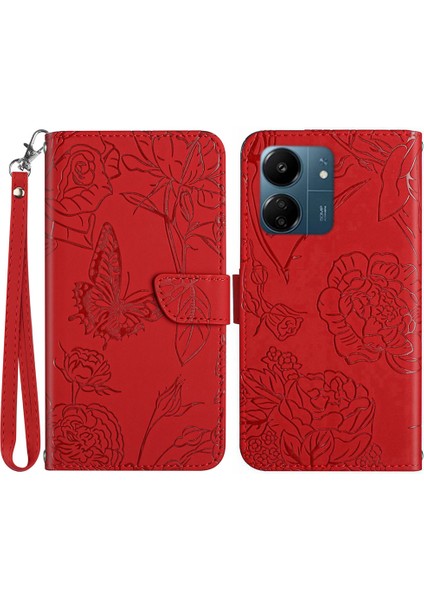 Xiaomi Redmi Için 13C 4g/poco C65 4g Case Kelebek Çiçek Deri El Strap-Red ile Manyetik Flip Kapak (Yurt Dışından)