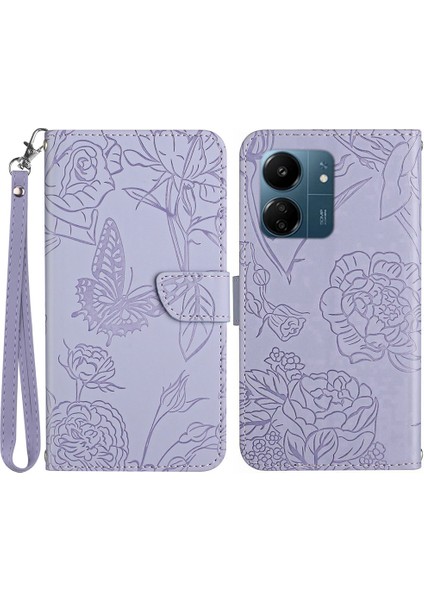 Xiaomi Redmi Için 13C 4g/poco C65 4g Case Kelebek Çiçek Deri Deri Manyetik Flip Kapak El Strap-Mor ile (Yurt Dışından)