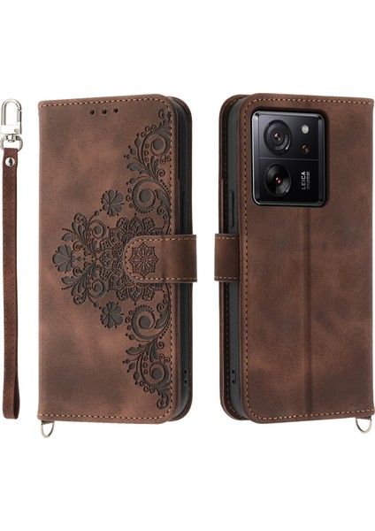 Xiaomi 13T/13T Pro/redmi K60 Ultra Kılıf Cüzdanı El Kayışı ile Telefon Deri Kapağı + Omuz Kayışı Kahverengi (Yurt Dışından)