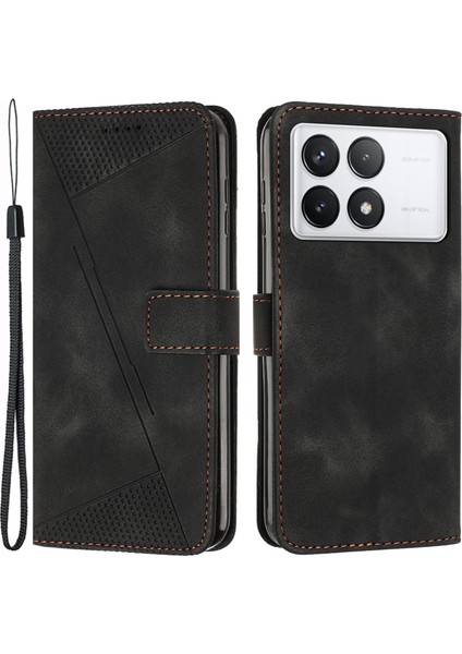 Xiaomi Için Redmi K70E 5g Deri Cüzdan Kılıfı Stand Görüntüleme Telefon Kapak Üçgen Deseni Baskılı Black (Yurt Dışından)