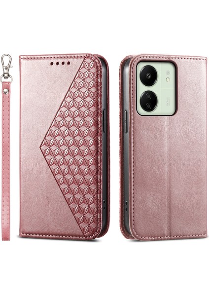 Xiaomi Redmi Için 13C 4g/poco C65 4g Kasa Baskılı Rhombus Desen Pu Deri Cep Telefonu Kapak Golü Altın (Yurt Dışından)