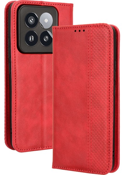 Xiaomi 14 Pro Case Manyetik Otomatik Kapatma Retro Telefon Cüzdan Kapak-Kırmızı (Yurt Dışından)