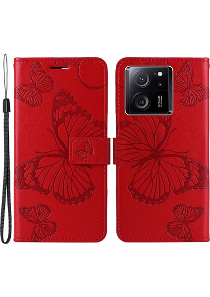 Xiaomi 13T/13T Pro/redmi K60 Ultra Kapak Kelebek Drain Pu Deri Telefon Kasası-Kırmızı (Yurt Dışından)