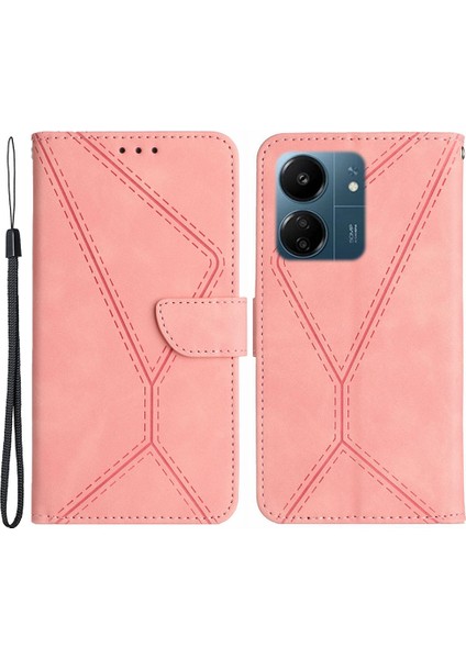 Xiaomi Redmi Için 13C 4g/poco C65 4g Kasa Baskılı Çizgi Cilt Touch Pu Deri Stand Telefon Kapak Pembe (Yurt Dışından)