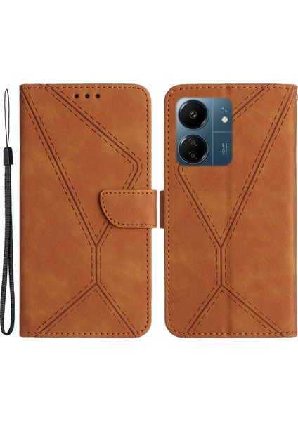 Xiaomi Redmi Için 13C 4g/poco C65 4g Kasa Baskılı Çizgi Cilt Touch Pu Deri Stand Telefon Kapak Kahverengi (Yurt Dışından)