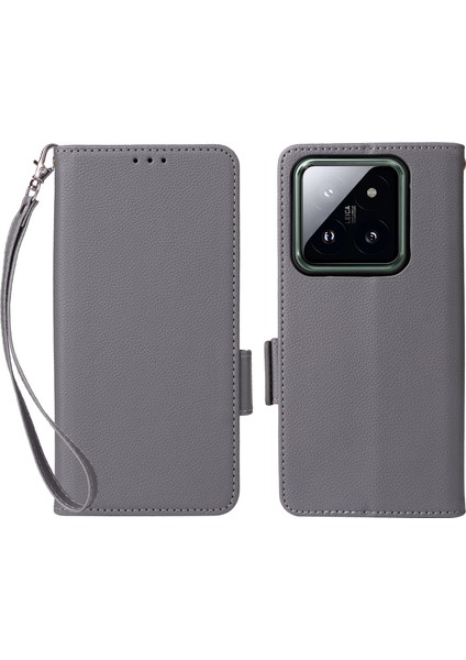 Xiaomi 14 Pro Cüzdan Telefon Kasası Manyetik Litchi Doku Pu Deri Deri Telefon Kapağı Strap-Grey (Yurt Dışından)