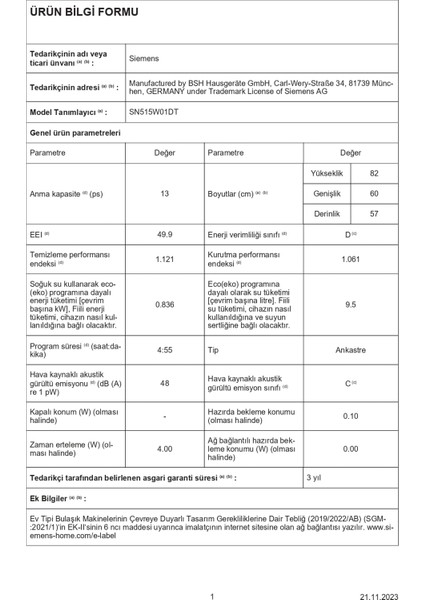 SN515W01DT IQ100 D Sınıfı 5 Programlı Bulaşık Makinesi