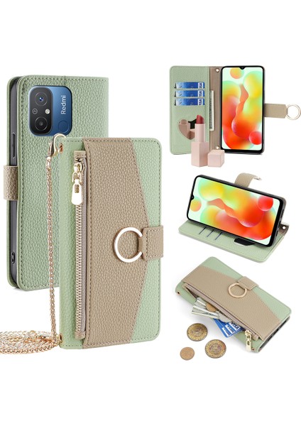 Xiaomi Redmi Için 12C 4g Kılıfı Pu Pu Deri Telefon Kapak Standı Bir Kayış Yeşili ile (Yurt Dışından)