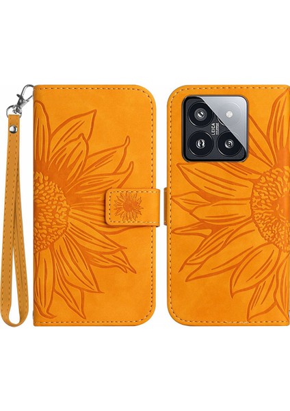 Xiaomi Için 14 Case Pu Deri Cüzdan Bilek Strap-Sarı ile Baskılı Ayçiçeği Kapağı (Yurt Dışından)