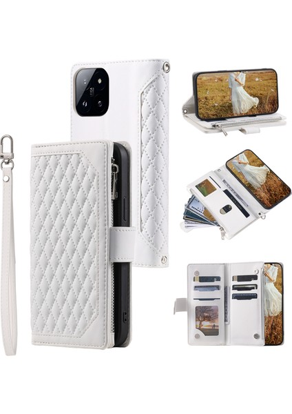 Xiaomi Için 14 Case Pu Deri Fermuarı Pocket Rhombus Telefon Kapağı Strap-White (Yurt Dışından)