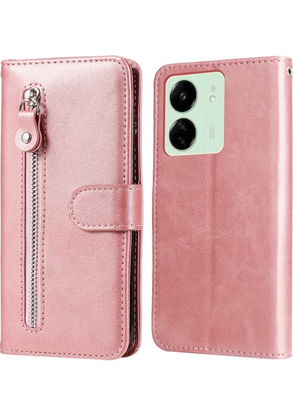 Xiaomi Için Redmi 13C 4g/poco C65 4g Kasa Buzağı Dokusu Deri Deri Kapak Fermuarı Cep Cüzdan Telefon Kılıf Pembe (Yurt Dışından)