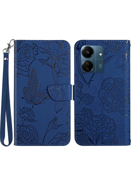 Xiaomi Redmi 13C 4g/poco C65 4g Case Kelebek Çiçek Deri Manyetik Flip Kapak El Strap-Mavi (Yurt Dışından)