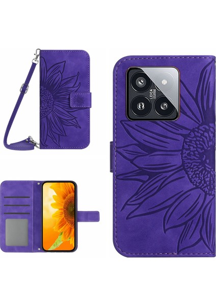 Xiaomi 14 Pro Case Cilt Touch Cüzdan Stand Deri Kapak Omuz Askılı-Dark Mor (Yurt Dışından)