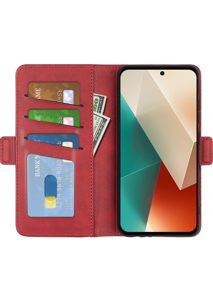 Xiaomi Için Redmi Note 13 5g (Çin) Kasa Stand Flip Balf Doku Telefon Kapağı Pu Deri Cüzdan Telefon Kabuğu-Kırmızı (Yurt Dışından)
