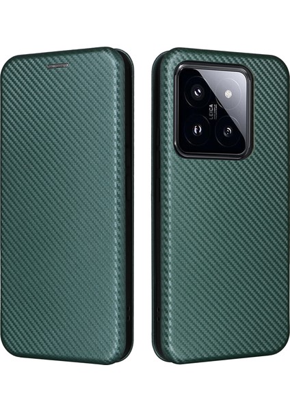Xiaomi Için 14 Deri Kasa Kartı Tutucu Karbon Fiber Doku Telefon Kapak Yeşili (Yurt Dışından)