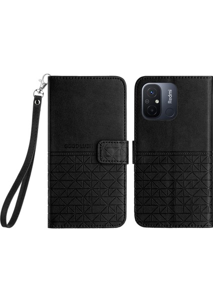Xiaomi Redmi 12C 4g Için Mikrofiber Deri Telefon Kapağı, Stand Cüzdan Geometrik Basılı Case Black (Yurt Dışından)