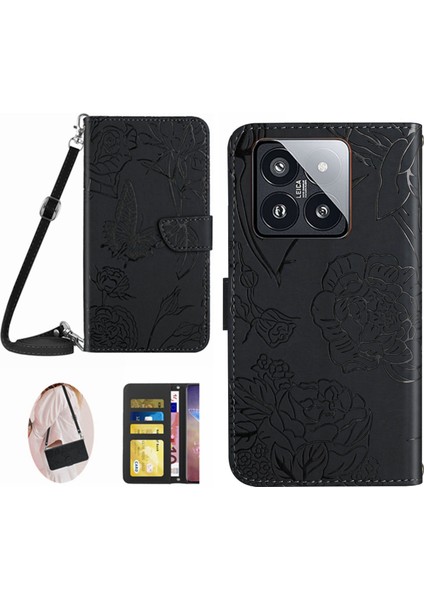 Xiaomi Için 14 Case Çiçek Kelebek Cüzdan Telefon Kapağı Omuz Kayışı Black (Yurt Dışından)