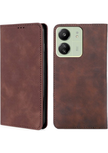Xiaomi Redmi Için 13C 4g/poco C65 4g Case Cilt Touch Hissed Hisset Pu Deri Telefon Kapağı Kart Yuvaları Dark Brown (Yurt Dışından)