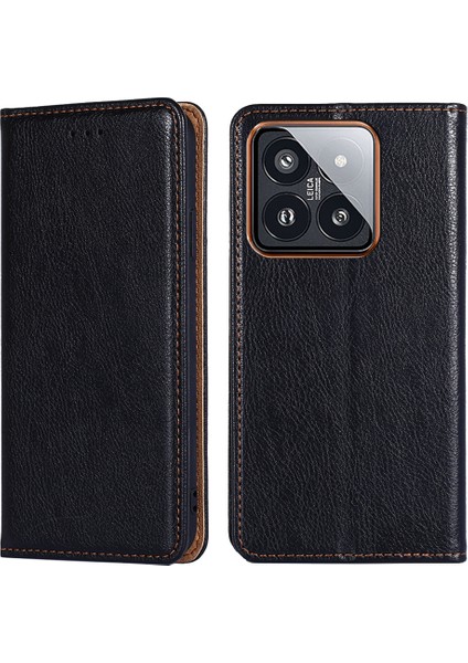 Xiaomi 14 Pro Magnetic Base Düz Renkli Deri Cüzdan Stand Telefon Kapağı Black (Yurt Dışından)