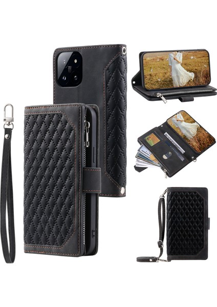 Xiaomi 14 Pro Kılıfı Pu Deri Fermuar Cüzdan Kapağı El Kayışı ve Omuz Kayışı Black (Yurt Dışından)