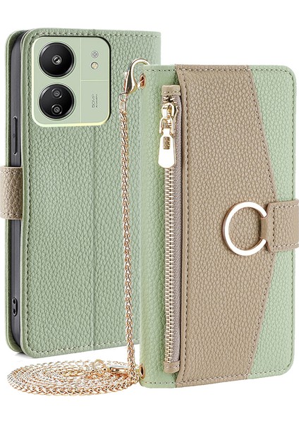 Xiaomi Redmi 13C 4g/poco C65 4g Case Pu Pu Deri Fermuar Cepleri Telefon Kapağı Ayna Yeşili (Yurt Dışından)