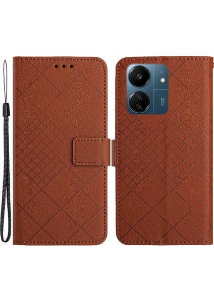 Xiaomi Redmi Için 13C 4g/poco C65 4g Case Pu Pu Deri Deriye Dayanıklı Rhombus Desen Standı Telefon Koruyucu-Kahverengi (Yurt Dışından)