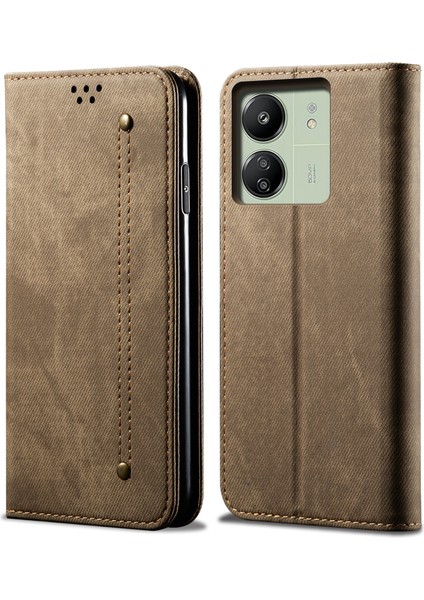 Xiaomi Redmi Için 13C 4g/poco C65 4g Cep Telefon Kılıfı Cüzdan Pu Deri Deri Anti-Fall Shell-Khaki (Yurt Dışından)