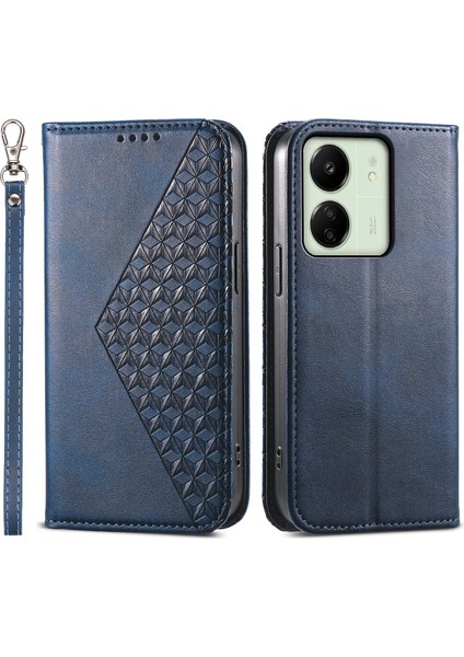 Xiaomi Redmi Için 13C 4g/poco C65 4g Kasa Baskılı Rhombus Desen Pu Deri Cep Telefonu Kapak Blue (Yurt Dışından)