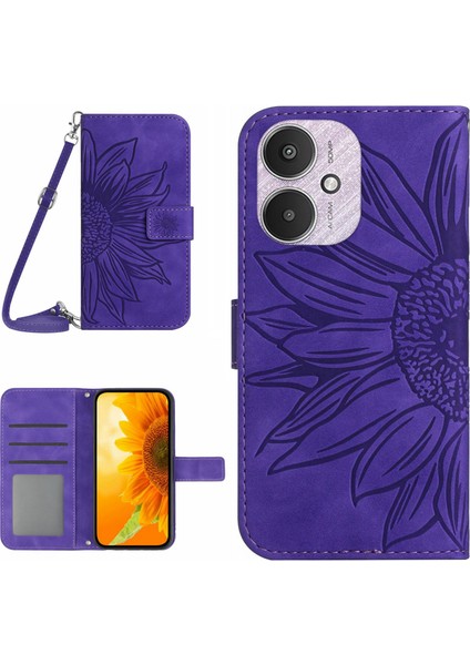 Xiaomi Redmi 13C 4g/5g/poco C65 4g Crossbody Crossbody Telefon Deri Kılıf Ayçiçeği Desen-Dark Mor (Yurt Dışından)