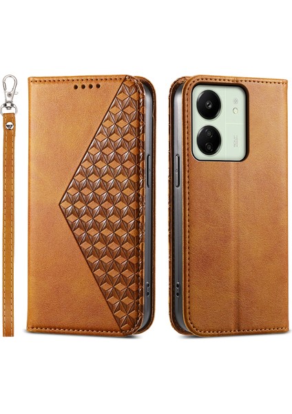 Xiaomi Redmi Için 13C 4g/poco C65 4g Kasa Baskılı Rhombus Desen Pu Deri Cep Telefonu Kapak Sarı (Yurt Dışından)
