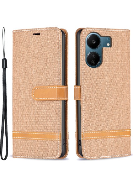 4U Sky Xiaomi Redmi Için 13C 4g/poco C65 4g Case Jeans Kumaş Ekleme Standı Pu Deri Cep Telefonu Kapak-Kahverengi (Yurt Dışından)