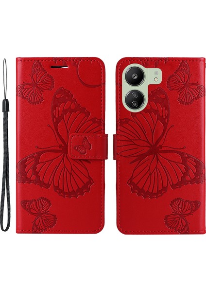 Xiaomi Redmi Için 13C 4g/poco C65 4g Case Kelebek Deseni Deri Telefon Koruyucu-Kırmızı (Yurt Dışından)