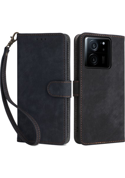 Xiaomi 13T/13T Pro/redmi K60 Ultra Pu Deri Stand Kapağı Rfıd Engelleme Cüzdan Kabuk Anti-Çizgi Anti Telefon Kılıfı Strap-Black (Yurt Dışından)