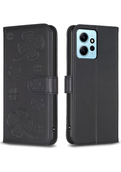 Xiaomi Için Redmi Note 12 4g Pu Pu Deri Yonca Baskılı Kart Tutucu Telefon Kapak Black (Yurt Dışından)
