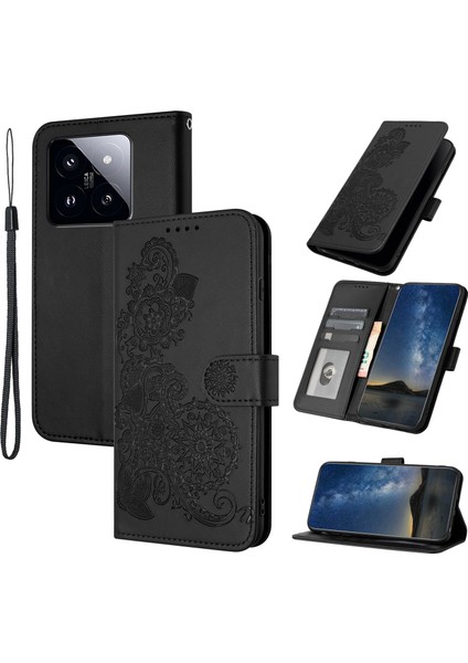 Xiaomi 14 Pro Cep Telefonu Kılıfı Için Ayçiçeği Desen Pu Deri+Tpu Kapak Black (Yurt Dışından)