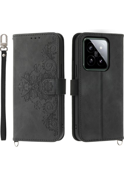 Xiaomi Için 14 Kasa Cüzdanı 2 Kayış-Siyah ile Basılmış Çiçek Deri Telefon Kapağı (Yurt Dışından)