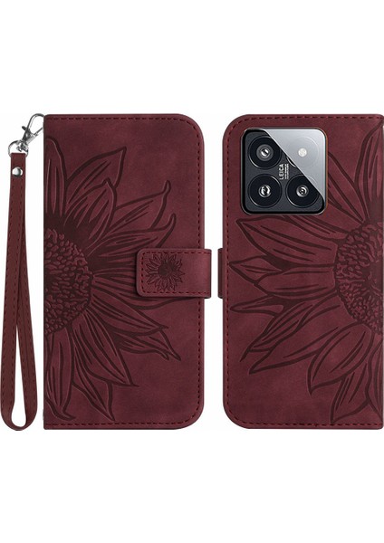 Xiaomi Için 14 Case Pu Deri Cüzdan Bilek Strap-Wine Red ile Baskılı Ayçiçeği Kapağı (Yurt Dışından)