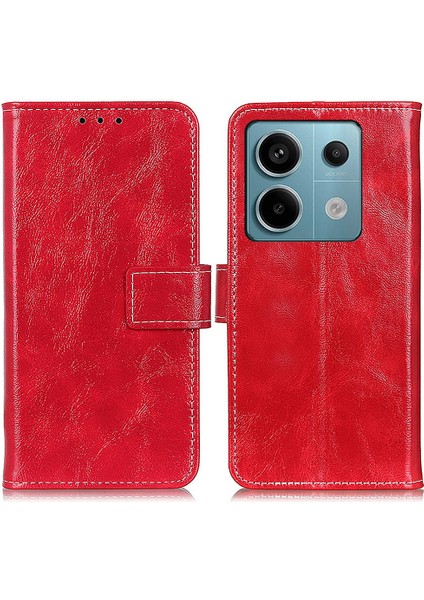 Xiaomi Redmi Için Note 13 Pro 5g Cep Telefonu Kılıfı Folio Flip Çılgın At Doku Deri Kapak-Kırmızı (Yurt Dışından)