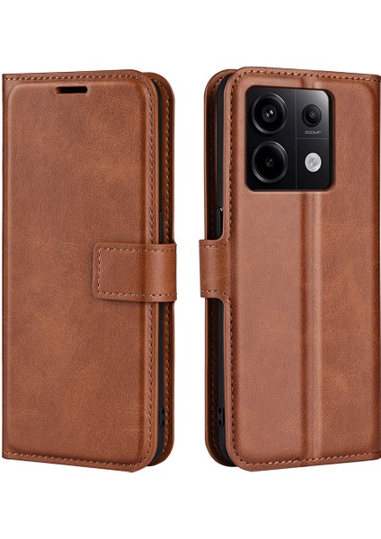 Xiaomi Redmi Için Note 13 Pro 5g Kasa Buzağı Dokusu Pu Deri Telefon Stand Kapak Işığı Kahverengi (Yurt Dışından)