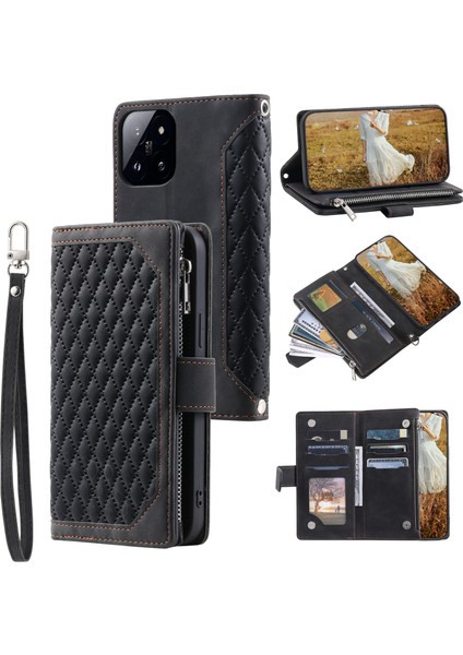 Xiaomi Için 14 Case Pu Deri Fermuarı Pocket Rhombus Telefon Kapağı Strap-Black (Yurt Dışından)