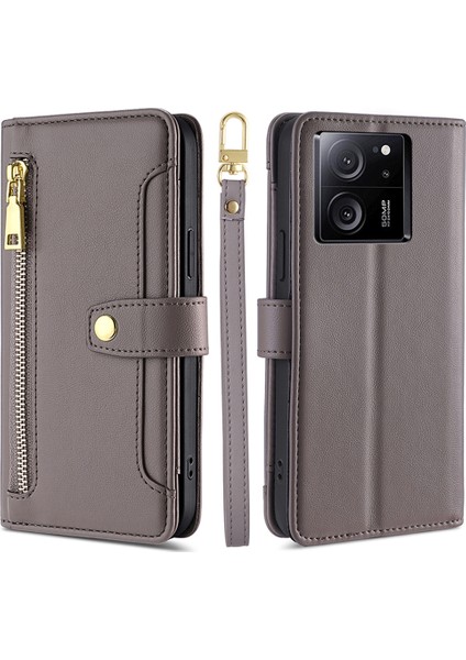 Xiaomi Redmi K60 ULTRA/13T/13T Pro Case Deri Fermuar Cüzdanı Stand Telefon Kapağı Uzun ve Kısa Kayış Grey (Yurt Dışından)